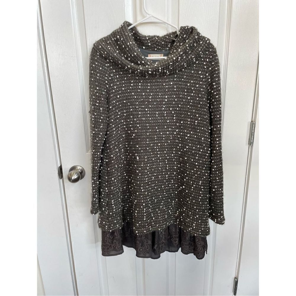 Altar'd State Women's Gray Cowl Neck Layered Lace Trim Sweater Tunic  Medium